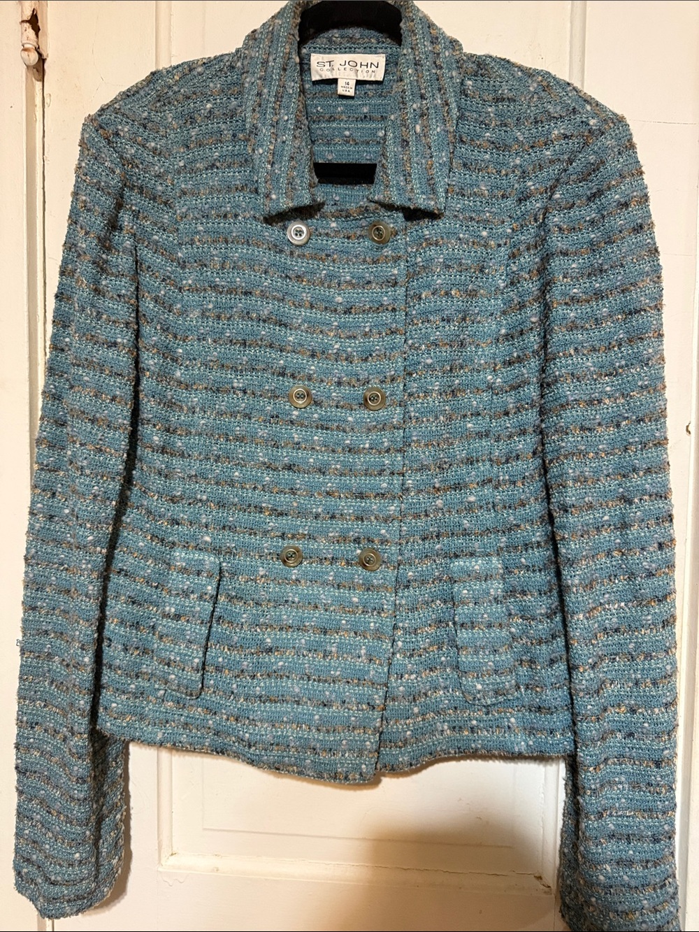 St. John Collection Teal-Blue Tweed Double-Breasted Blazer